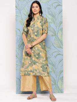 Libas - Green Silk Blend Printed Kurta with One Sided Pockets Details