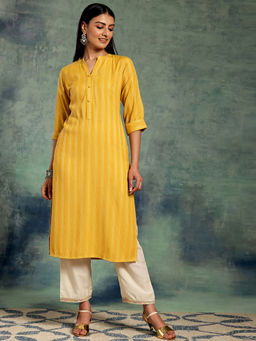 Libas - Yellow Woven Design Striped Viscose Rayon Kurta with Pocket