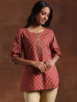 Libas - Women Floral Printed Pink Straight Kurti with Thread Work