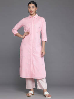 Libas - Pink Floral Embroidered Panelled Straight Kurta with Button Placket & Lining