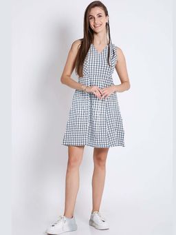 French Theory - Women Checks Fit and Flared Sleeveless Short White Dress