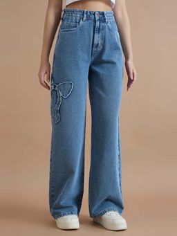 TARAMA - Women Bow Applique High-Waist Wide-Leg Denim Blue Jeans