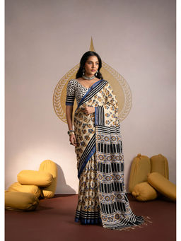 Mahee Jaipur - Beige And Blue Hand Block Print Pure Chanderi Saree with Unstitched Blouse