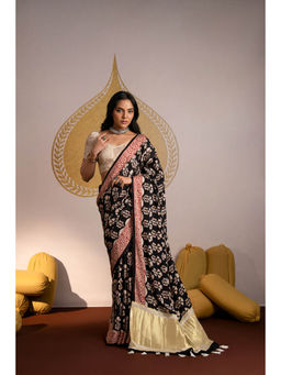 Mahee Jaipur - Black Hand Block Print Pure Modal Fabric Saree with Unstitched Blouse