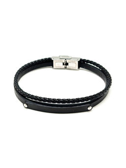 The Tie Hub - Black Faux Leather Bracelet with Braided and Plain Straps