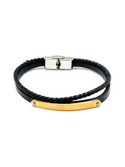 The Tie Hub - Black Faux Leather Bracelet with Gold Tone Bar and Braided Strap