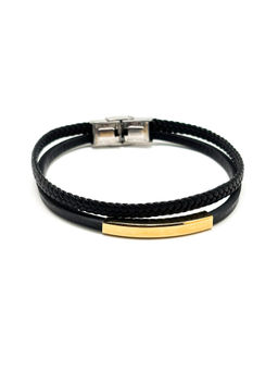 The Tie Hub - Black Faux Leather Bracelet with Gold Tone Curved Bar and Braided Strap