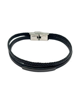 The Tie Hub - Black Braided Faux Leather Bracelet with Black Bar for Men