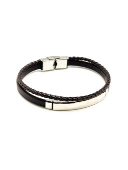The Tie Hub - Brown Faux Leather Bracelet with Silver Tone Bar and Braided Strap for Men