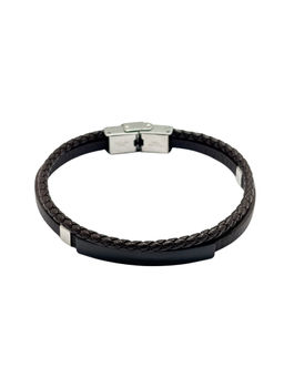The Tie Hub - Black Braided Faux Leather Bracelet with Slim Black Bar for Men