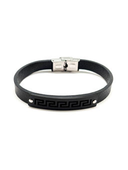 The Tie Hub - Black Faux Leather Bracelet with Black Greek Key Plate Design for Men