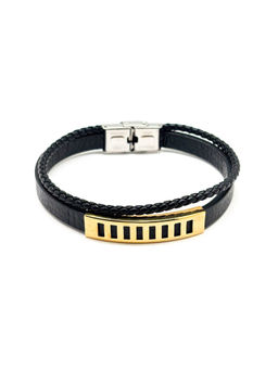 The Tie Hub - Stylish Black Faux Leather Bracelet with Gold Accent and Braided Strap