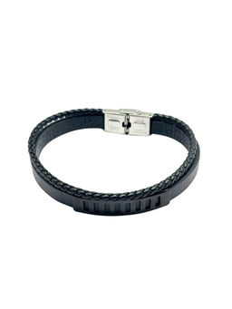 The Tie Hub - Black Braided Faux Leather Bracelet with Textured Black Bar for Men