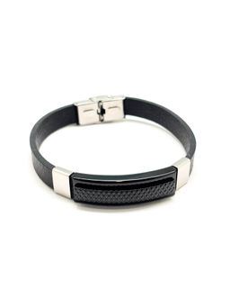 The Tie Hub - Black Faux Leather Bracelet with Textured Black Bar