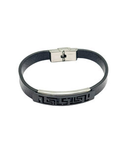 The Tie Hub - Black Faux Leather Bracelet with Greek Key Bar for Men