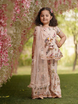 Fayon Kids - Peach Cotton Print Kurti and Sharara with Peach Net Dupatta (Set of 3)