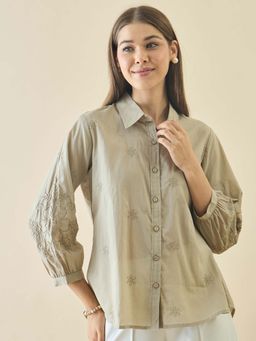 ZUMMER - Cotton Beige Floral Embroidered Shirt