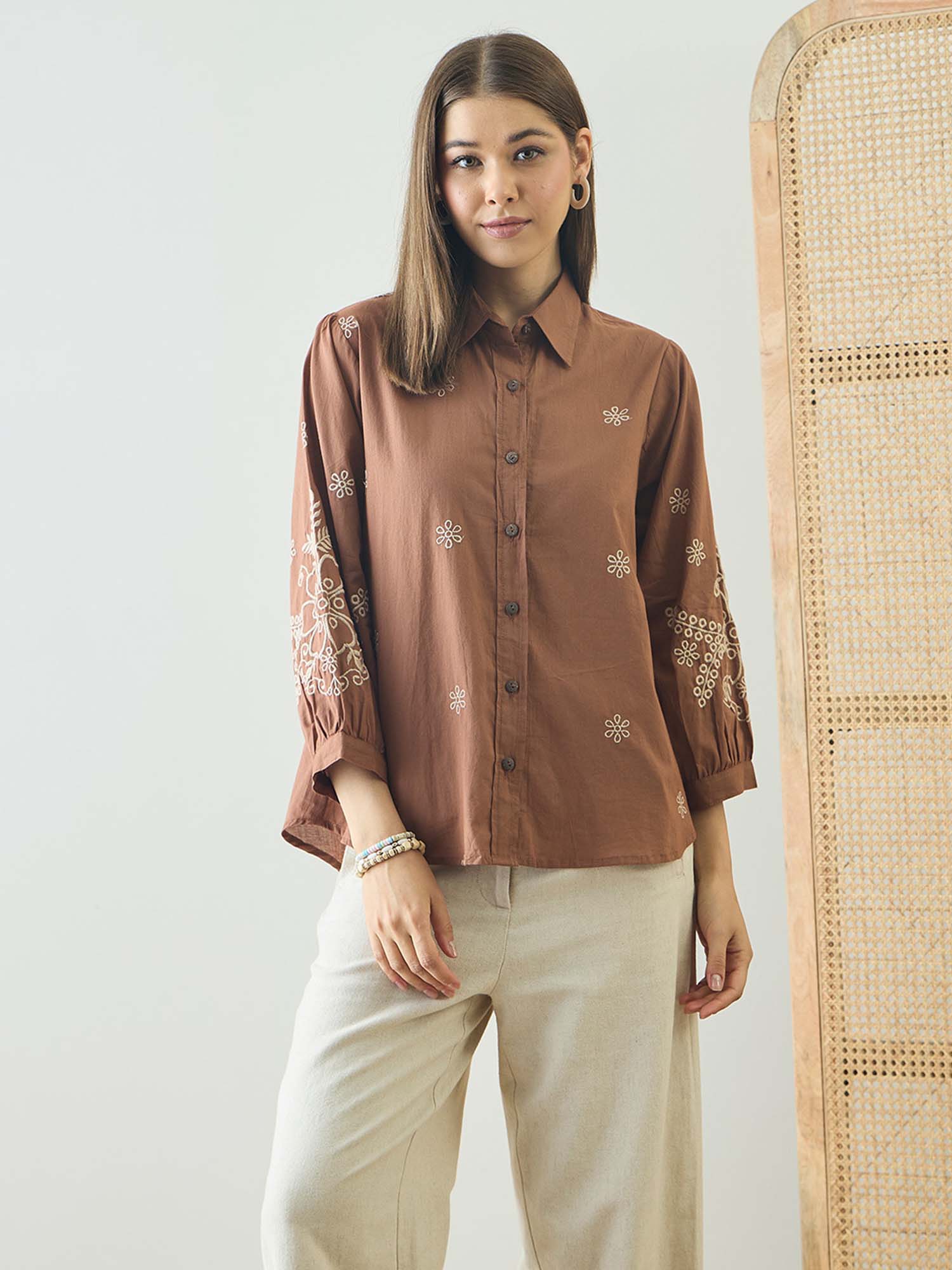 zummer Cotton Brown Floral Embroidered Shirt-picture-26