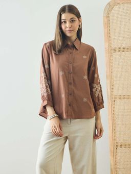 ZUMMER - Cotton Brown Floral Embroidered Shirt