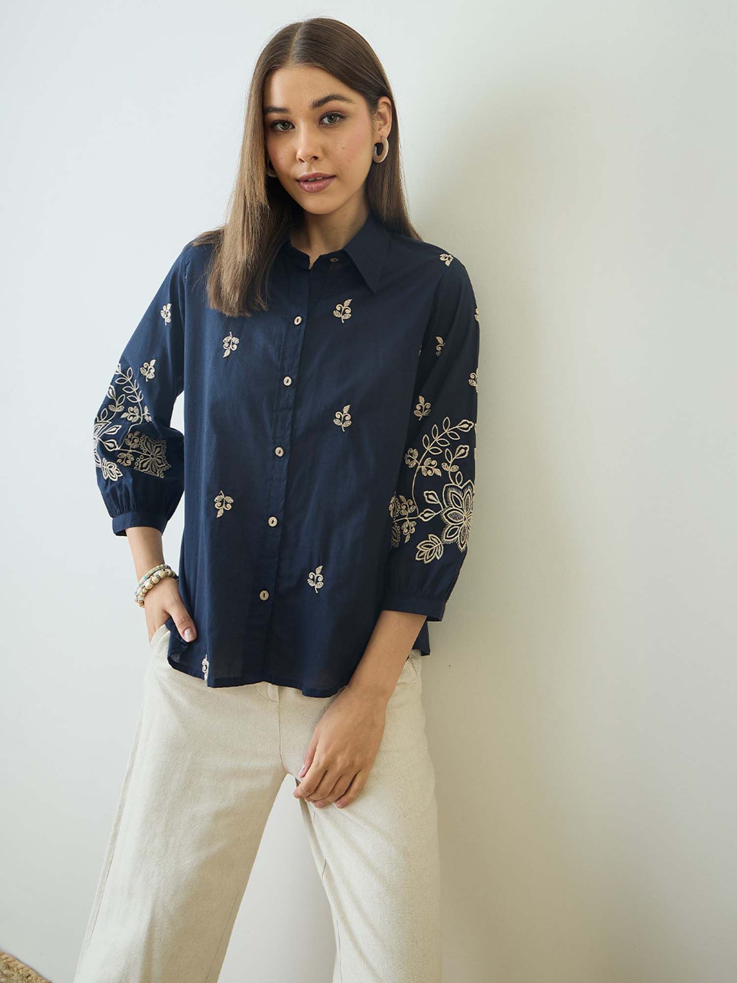 zummer Cotton Navy Blue Floral Embroidered Shirt-picture-10