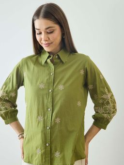 ZUMMER - Cotton Olive Floral Embroidered Shirt
