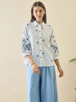 ZUMMER - Cotton White Floral Embroidered Shirt