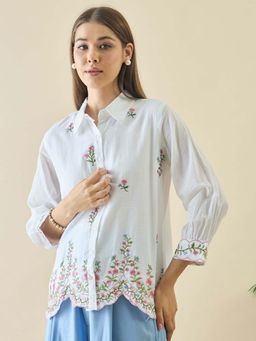 ZUMMER - Cotton White Floral Embroidered Shirt
