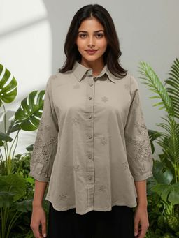 ZUMMER - Cotton Beige Floral Embroidered Shirt