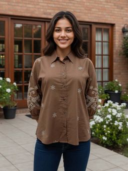 ZUMMER - Cotton Brown Floral Embroidered Shirt