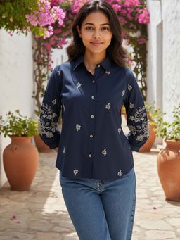 ZUMMER - Cotton Navy Blue Floral Embroidered Shirt