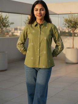 ZUMMER - Cotton Olive Floral Embroidered Shirt
