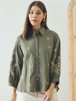 ZUMMER - Cotton Olive Floral Embroidered Shirt