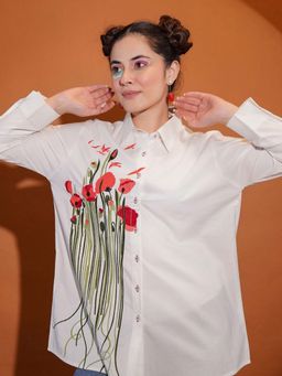 ZUMMER - Cotton White Floral Embroidered Shirt