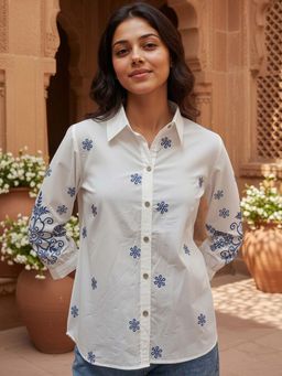 ZUMMER - Cotton White Floral Embroidered Shirt