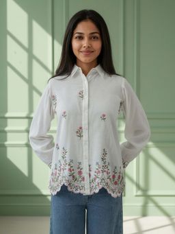 ZUMMER - Cotton White Floral Embroidered Shirt