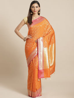 Indethnic - Banarasi Orange Woven Design Party Wear Saree With Unstitched Blouse