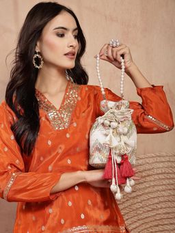 Anekaant - Women's Jashn Edit Ivory Faux Silk Chevron Potli