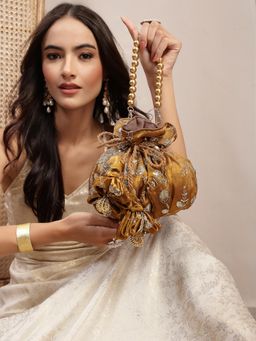 Anekaant - Women's Jashn Edit Mustard Faux Silk Floral Embellished Potli