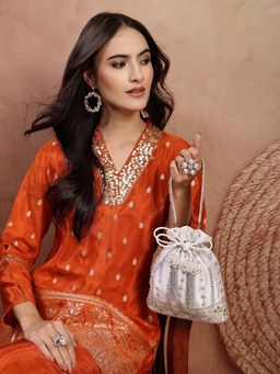 Anekaant - Women's Noor Edit White Satin Floral Striped Embellished Potli