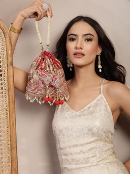 Anekaant - Women's Jashn Edit Beige Faux Silk Floral Printed Potli