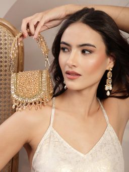 Anekaant - Women's crystal Cascade Champagne Gold Suede Embellished Clutch