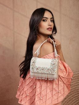 Anekaant - Women's blush and Bead Ivory and Pastel Multi Suede Embellished Clutch