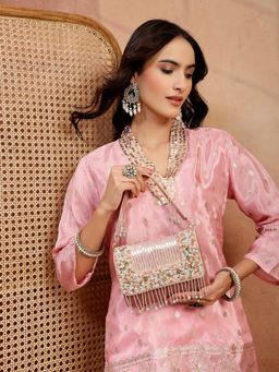 Anekaant - Women's blush and Bead Dusky Pink and Pastel Multi Suede Embellished Clutch