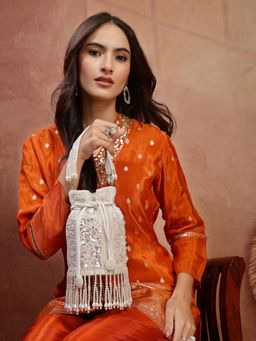 Anekaant - Women's Dewdrop Fringe Ivory Pearl White 3D Floral Embellished Potli