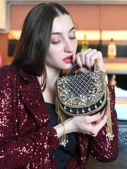 Odette - Women's Black Ornate Bridal Handbag