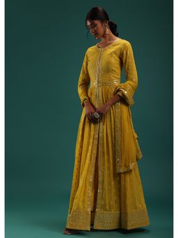 KALKI FASHION - Mustard Yellow Floral Printed Crop Top & Palazzo With Cape In Georgette (Set of 3)