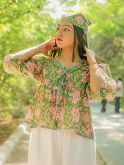 ODHANON - Green Floral Tie-Up Top for Women
