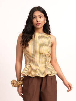 ODHANON - Yellow Cotton Striped Top for Women