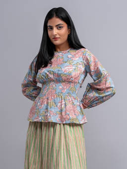 ODHANON - Multi-Color Floral Cotton Smocked Top for Women