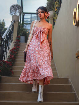 ODHANON - Peach Floral Printed Fit and Flare Midi Dress for Women